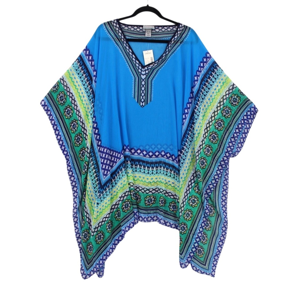 Catherines Kaftan Tunic one size Sheer Blue V-Neck Flutter Sleeve Cover Up NWT - Picture 2 of 10